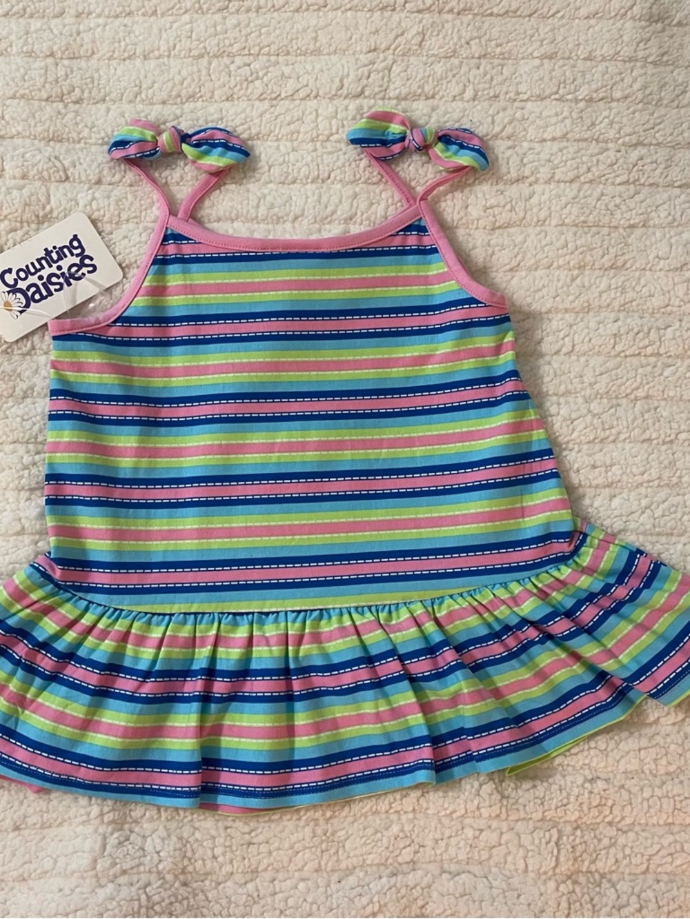 Counting Daisies Girls' Pink, Blue & Green Striped Ruffle Tank - Picture 2 of 4